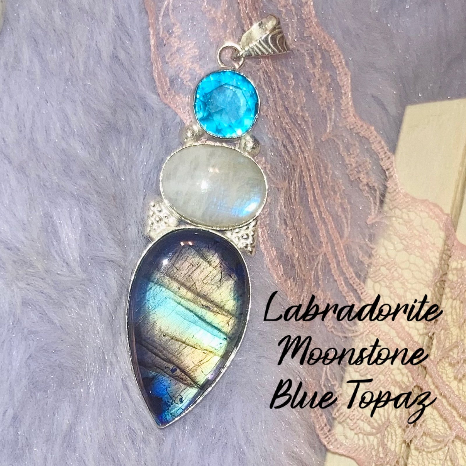 Labradorite Rainbow Moonstone Blue Topaz Gemstone Handmade Pendant Necklace