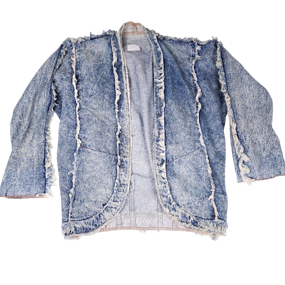 Simply Barbara Fringe Denim Kimono Jacket Boho Western Indie Slouchy Open Front