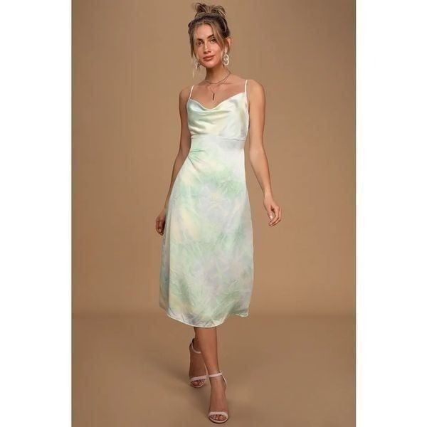 Lulus Tranquil State Blue Multi Tie-Dye Satin Midi Slip Dress size small