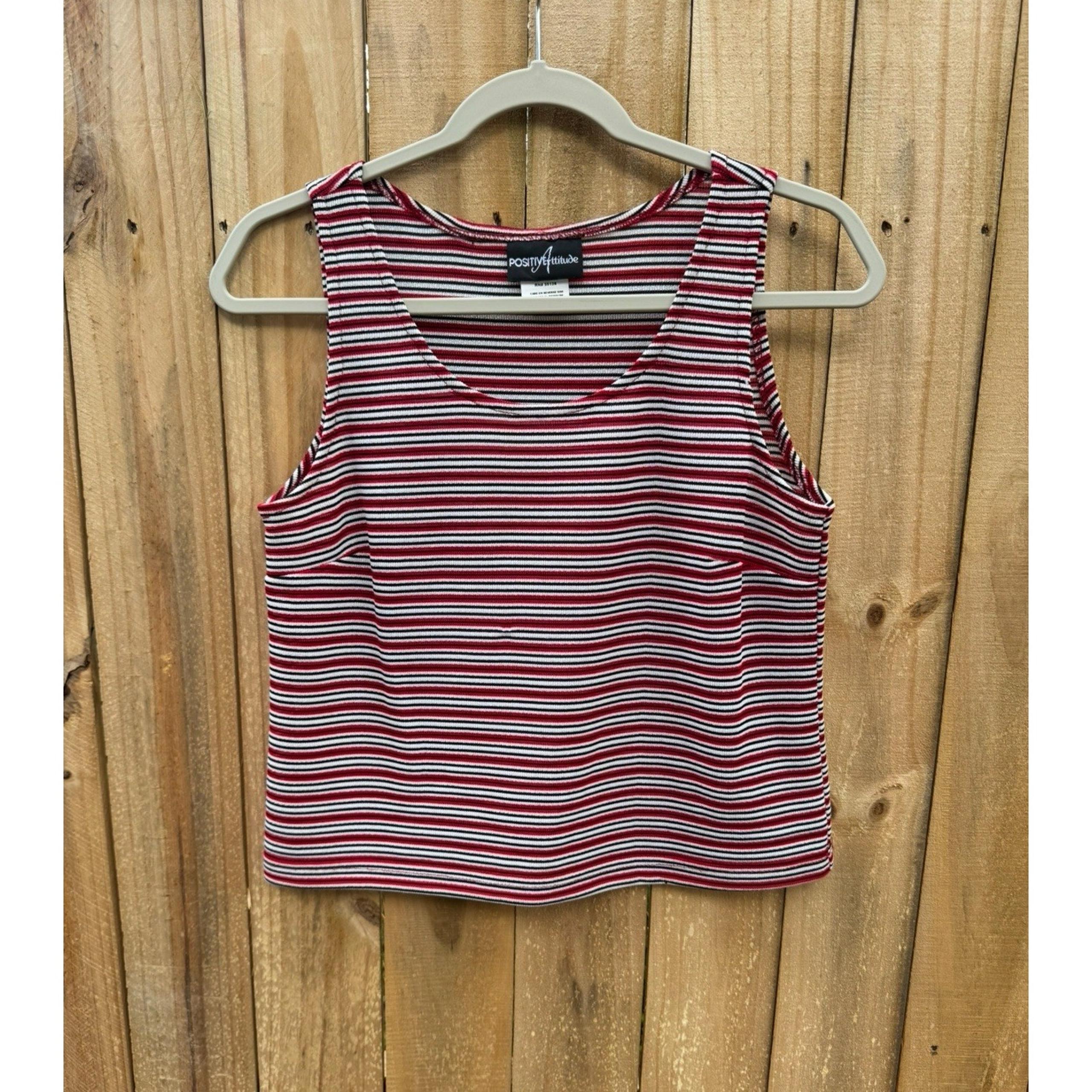 Vintage 1990s Cropped Striped Tank Positive Attitude Sz 10 Red Black Mod Grunge