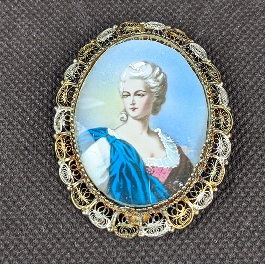 Vtg Italy 800 Silver Filigree Gold Portrait Lady Woman Oval Pin Brooch Pendant
