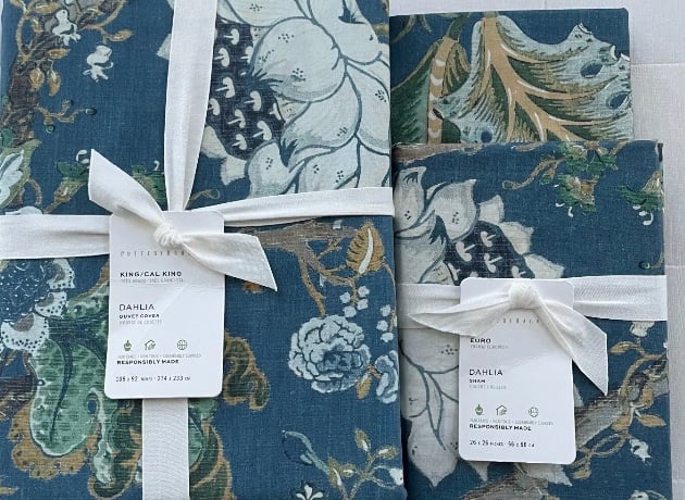 Pottery Barn DAHLIA FLORAL King Duvet & Two Euro Shams Blue Reversible NWT