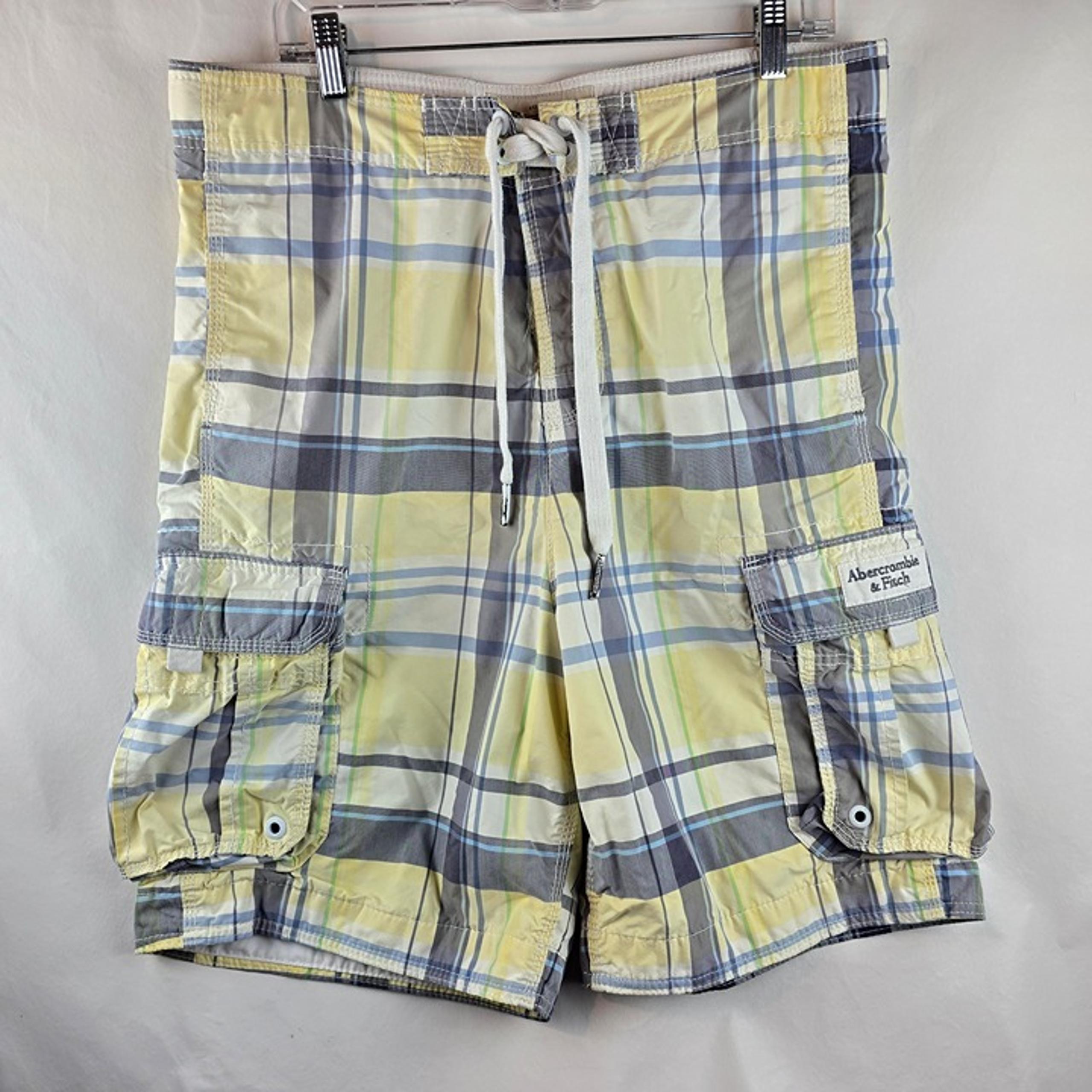 Abercrombie Cargo Swim Shorts Mens Medium Yellow Plaid Board Shorts Surf Preppy