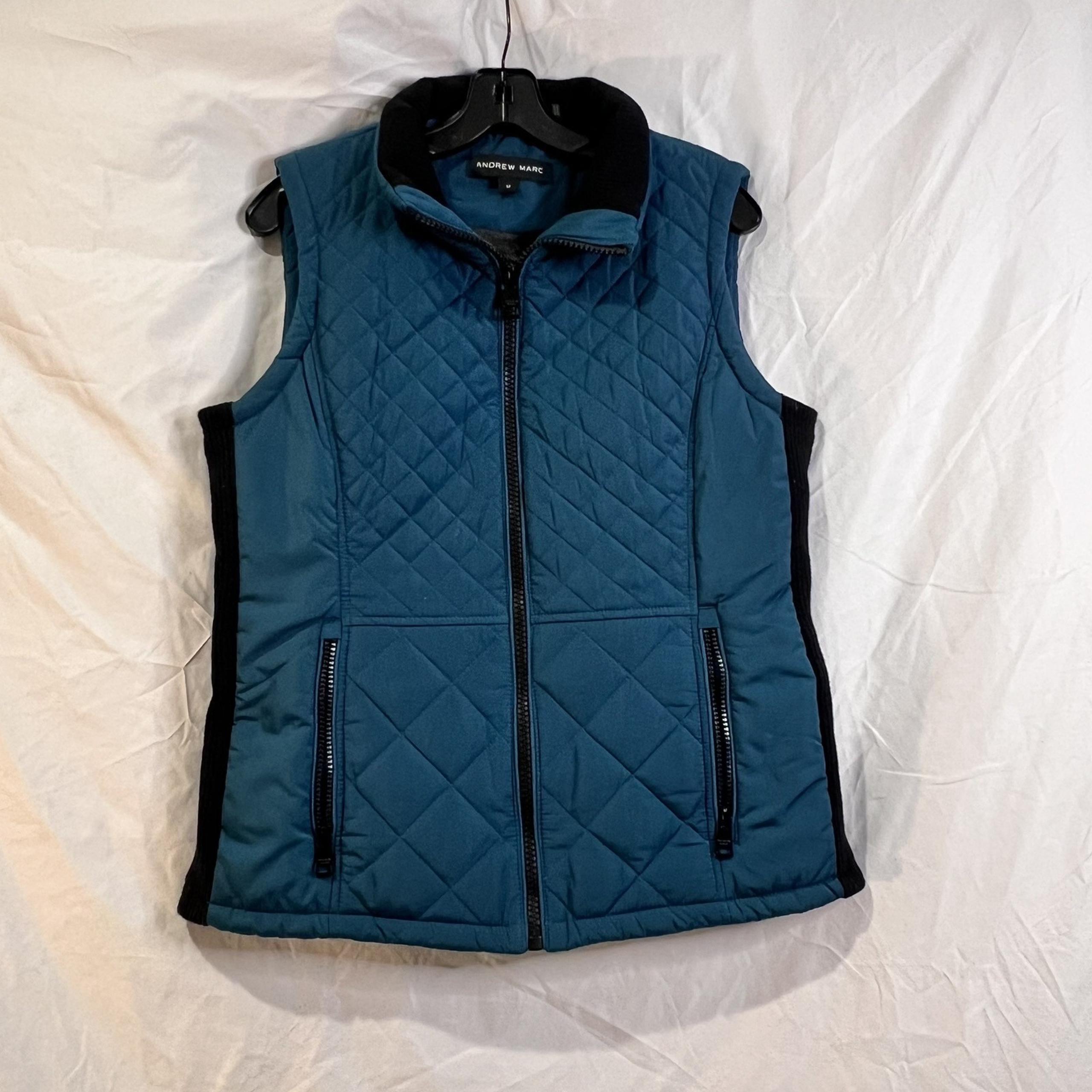 Andrew Marc Quilted Puffer Vest Women Medium Green Teal Full Zip Pockets Stretch
