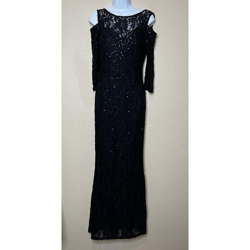 Marina Dress Long Black Stretch Lace Sequins Wedding Party Cruise Prom Size 4