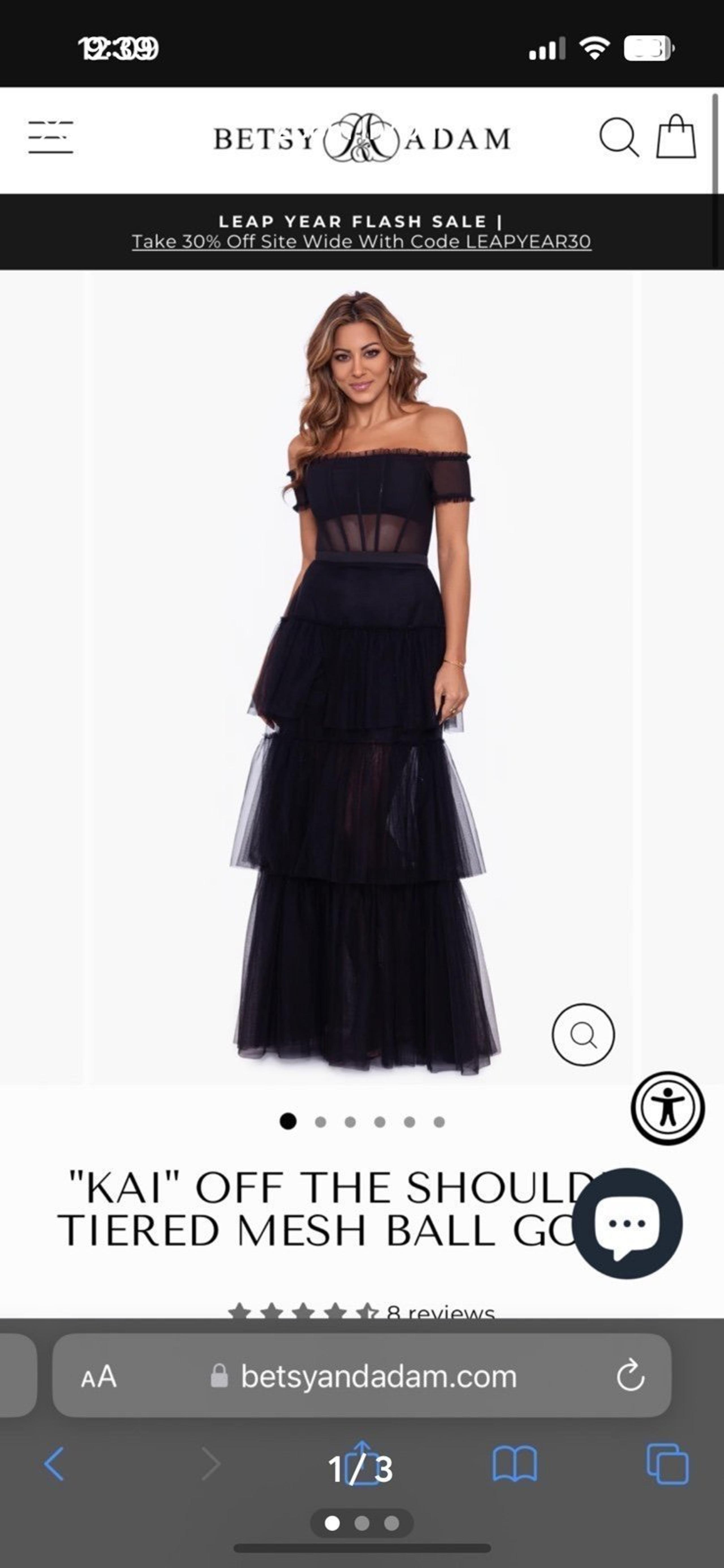 Betsy & Adam mesh black corset tiered off the shoulder prom dress size 0