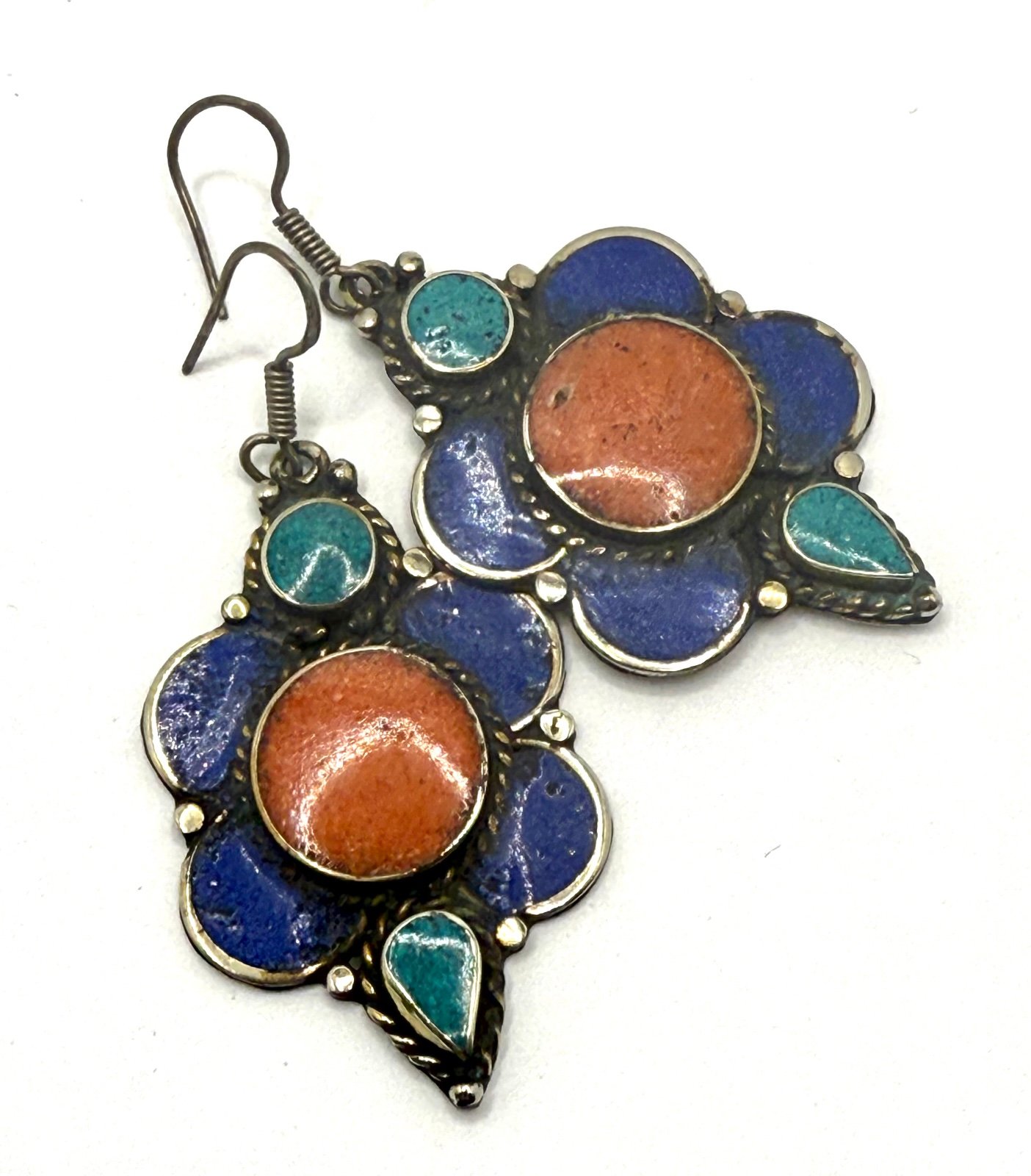 Vintage Tibetan Turquoise, Carnelian & Lapis Lazuli Silver Pierced Earrings-925