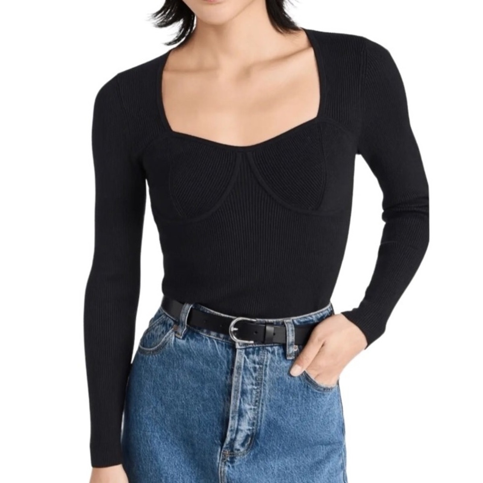 MADEWELL Rib Knit Top Women Sz S Black Snowy Lillie Normcore Feminine Retro NWT