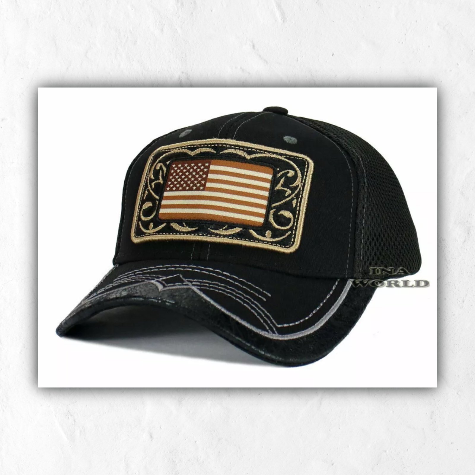 USA American Flag Hat Western Style Soft Mesh Snapback Curved Bill Baseball Cap