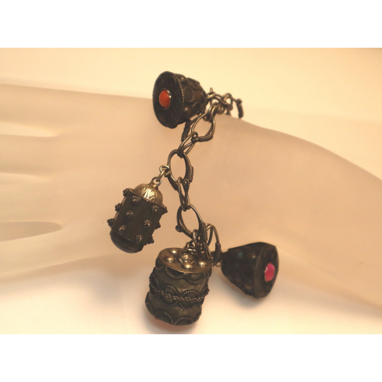 Italian Silver Etruscan Charm Bracelet Cameo Stones 800 Silver