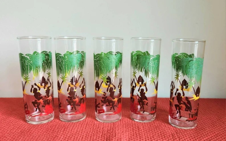 Vintage Federal Glass Dancing Natives Tiki BarTall Highball Tom Collins, Iced Te
