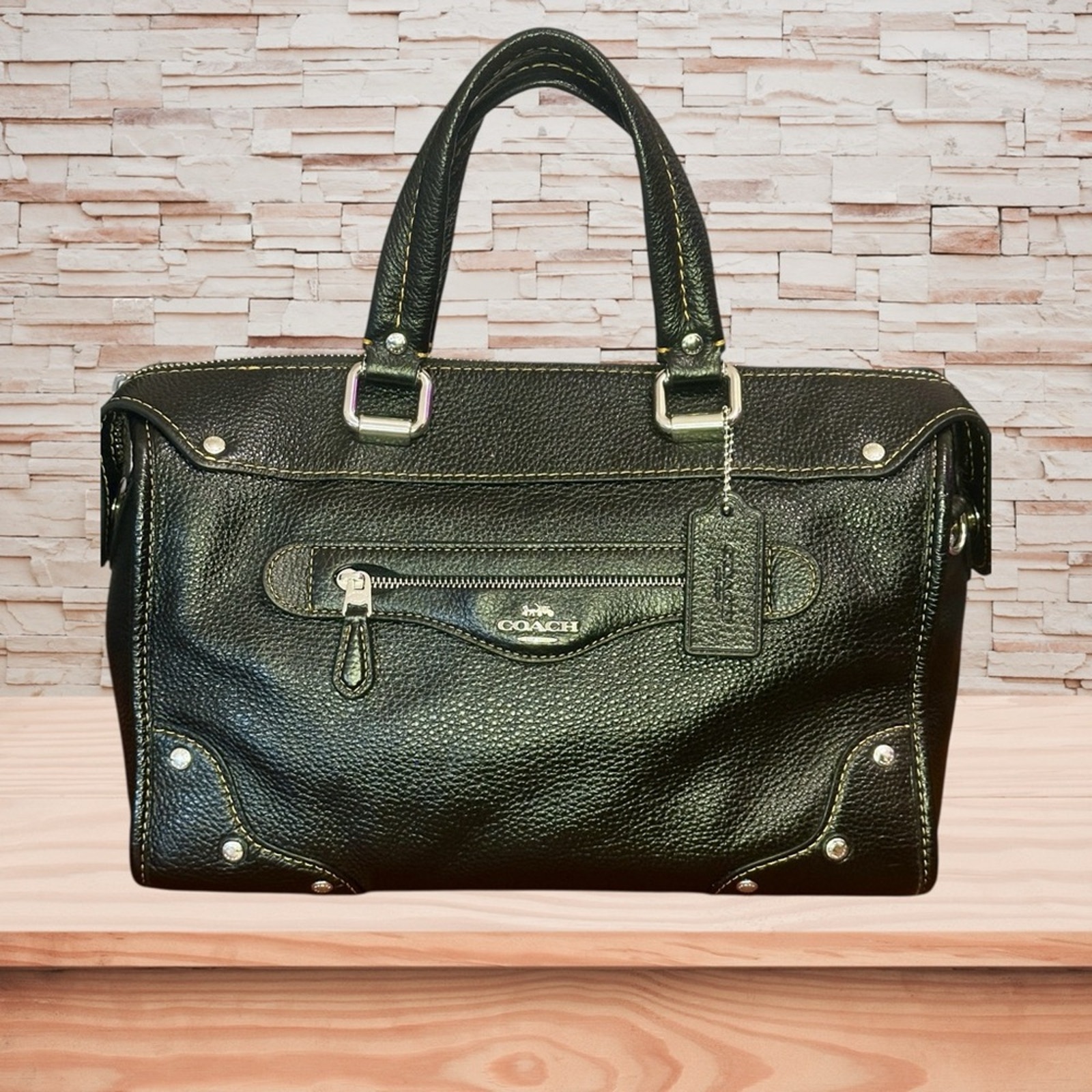 Coach Millie Satchel Black Pebbled Leather with Silver Accents