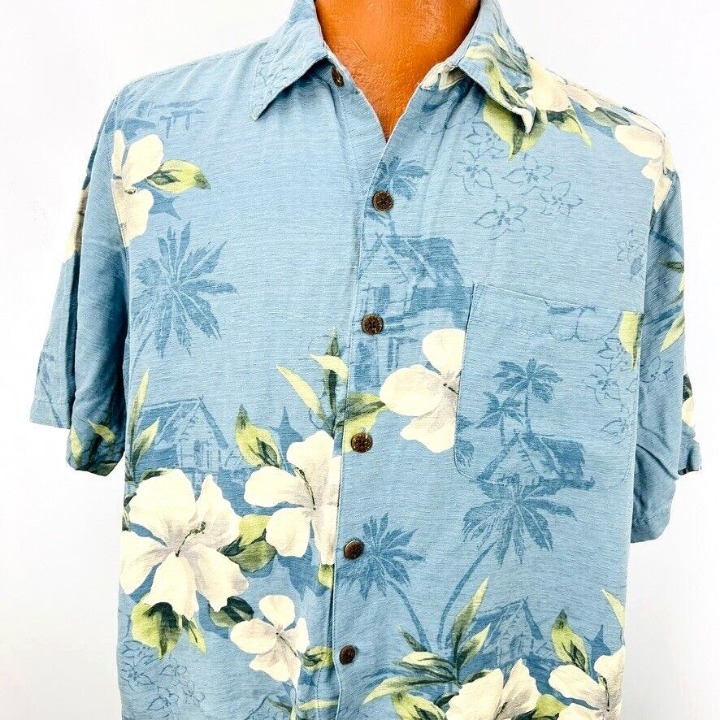 Caribbean Joe Aloha Hawaiian XL Shirt Tiki Huts Palm Trees Hibiscus Tropical