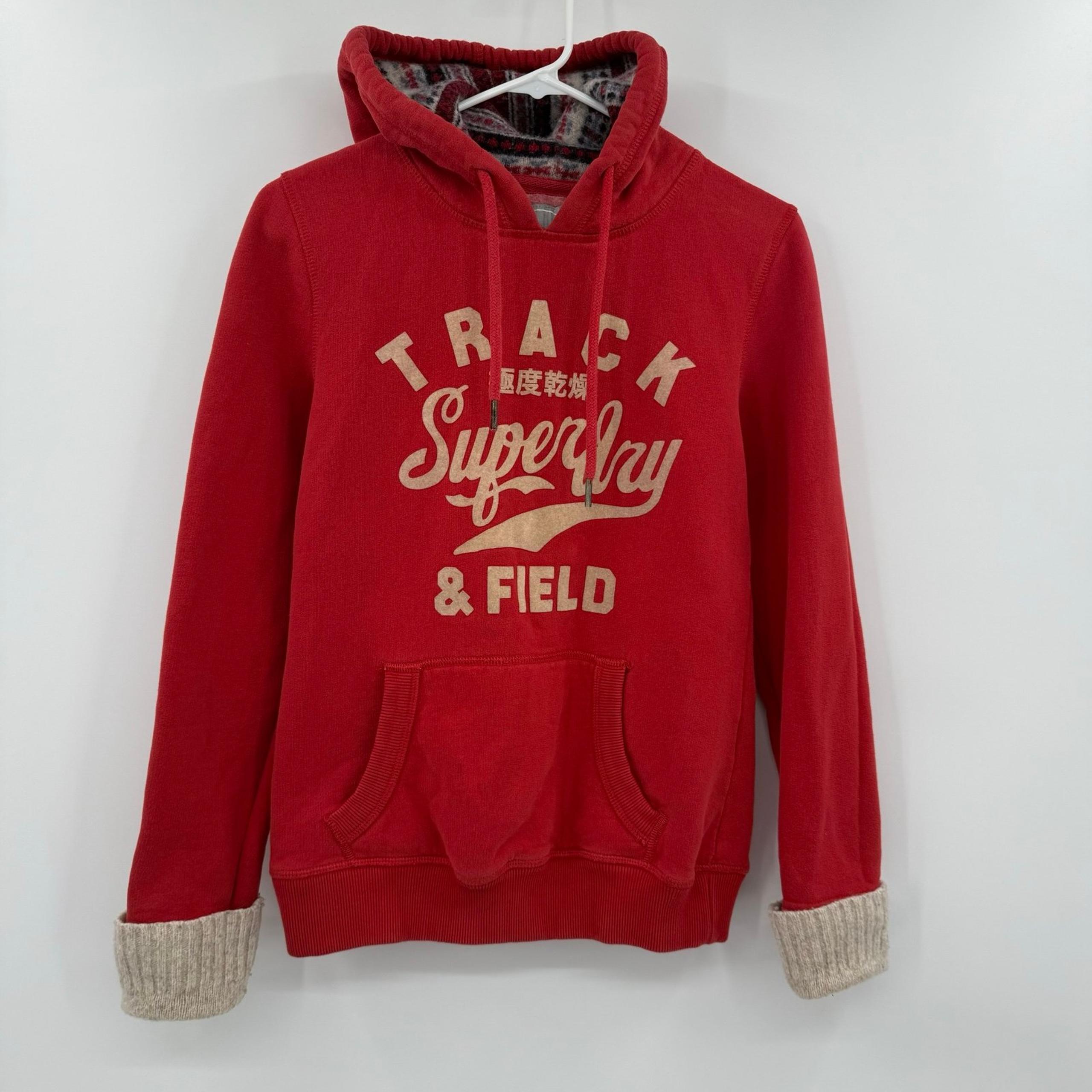 Women’s superdry track and field red hoodie wool cuffs and hood size medium