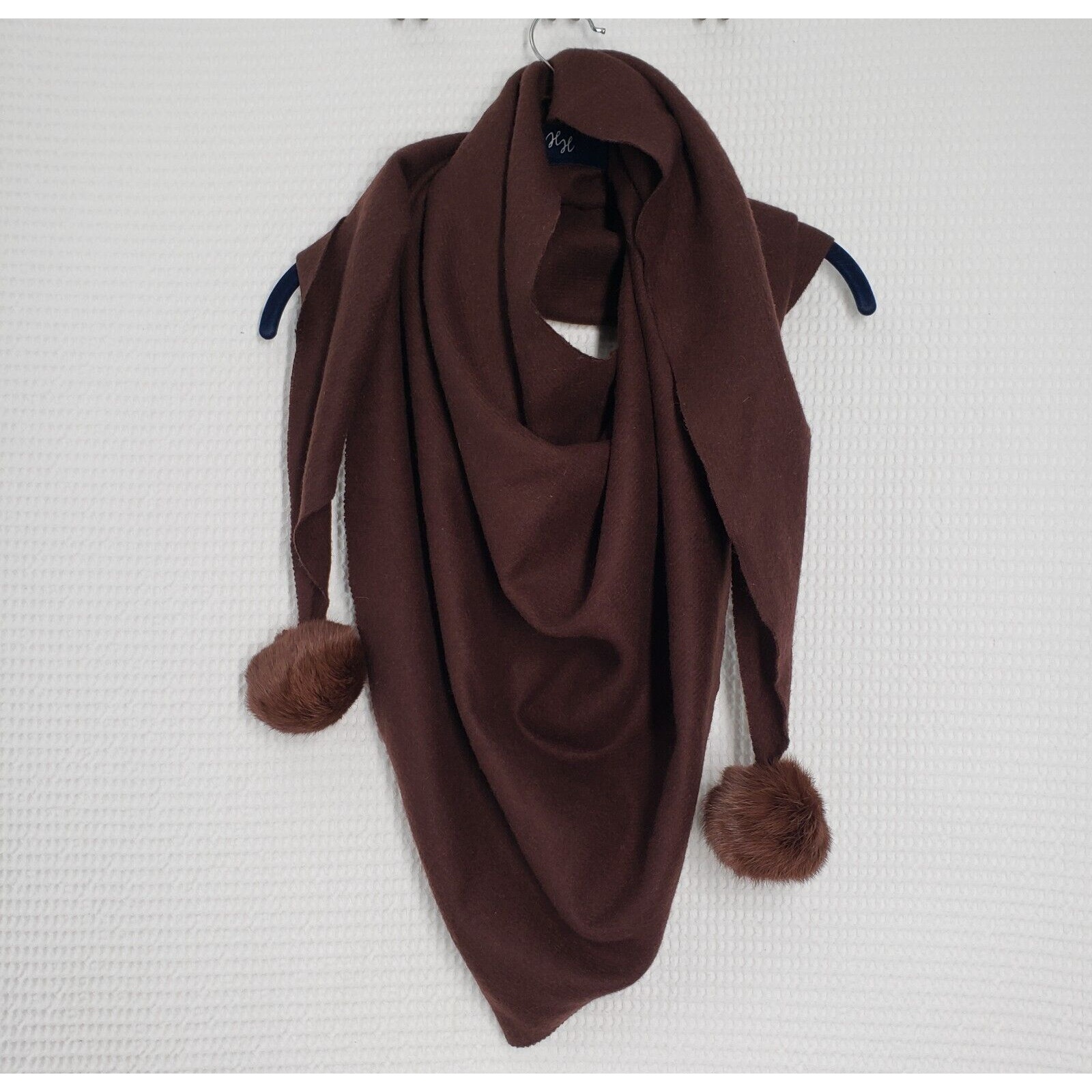 Wool Triangle Scarf Shawl Wrap Womens One Size Brown Chocolate Faux Fur Pom Pom