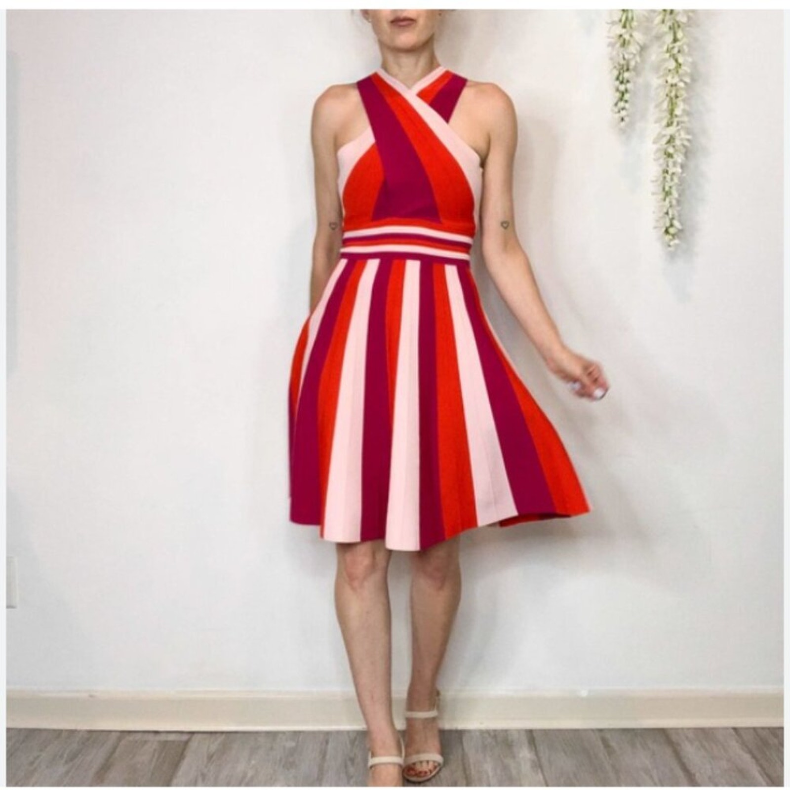 NWT Ted Baker Women's Metropolis Stripe Knit Skater Dress Bright Pink Size 4-6