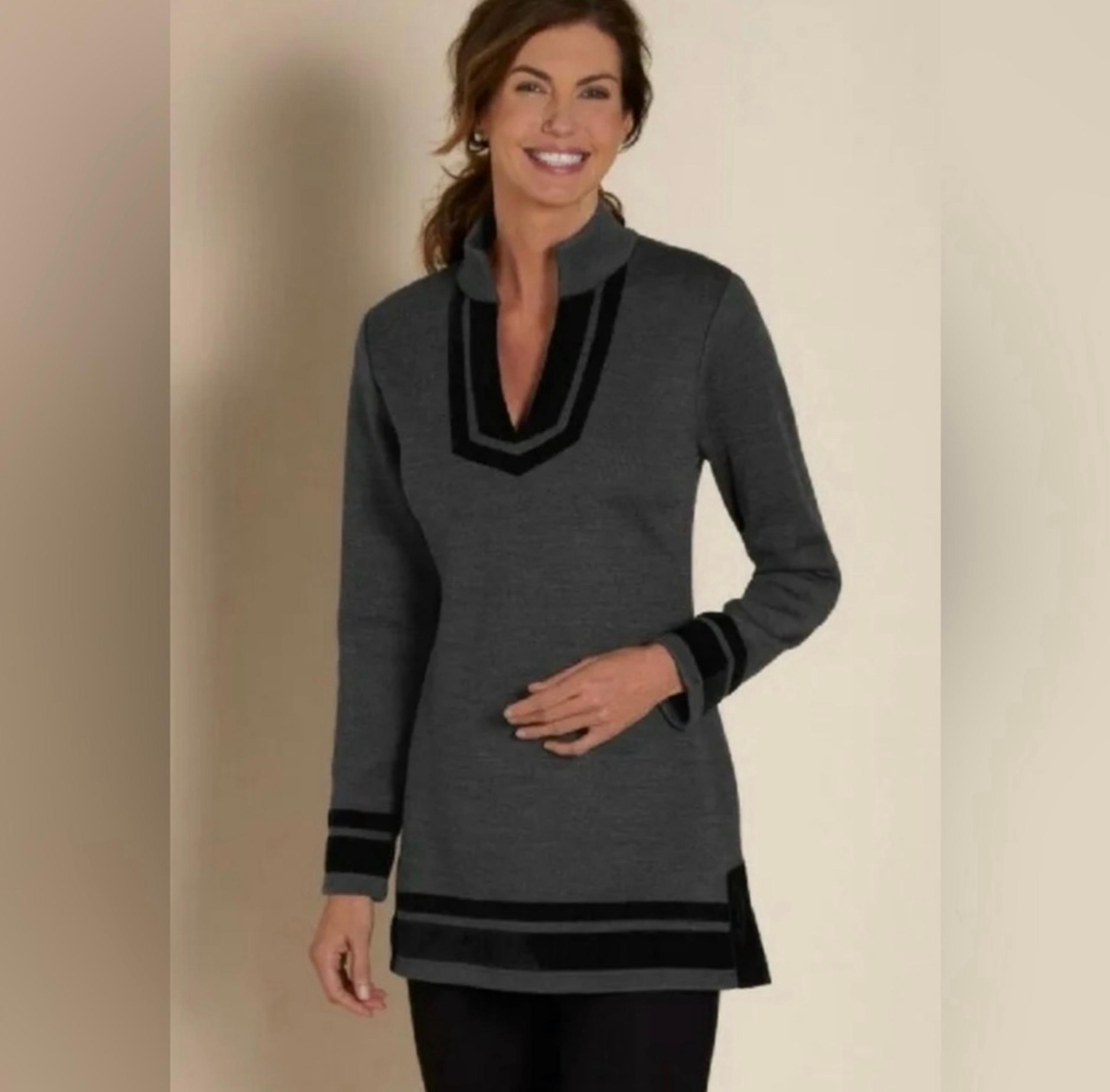 Soft Surroundings Runway Pullover Velvet Trim Tunic Sweater Gray Size XS Petite