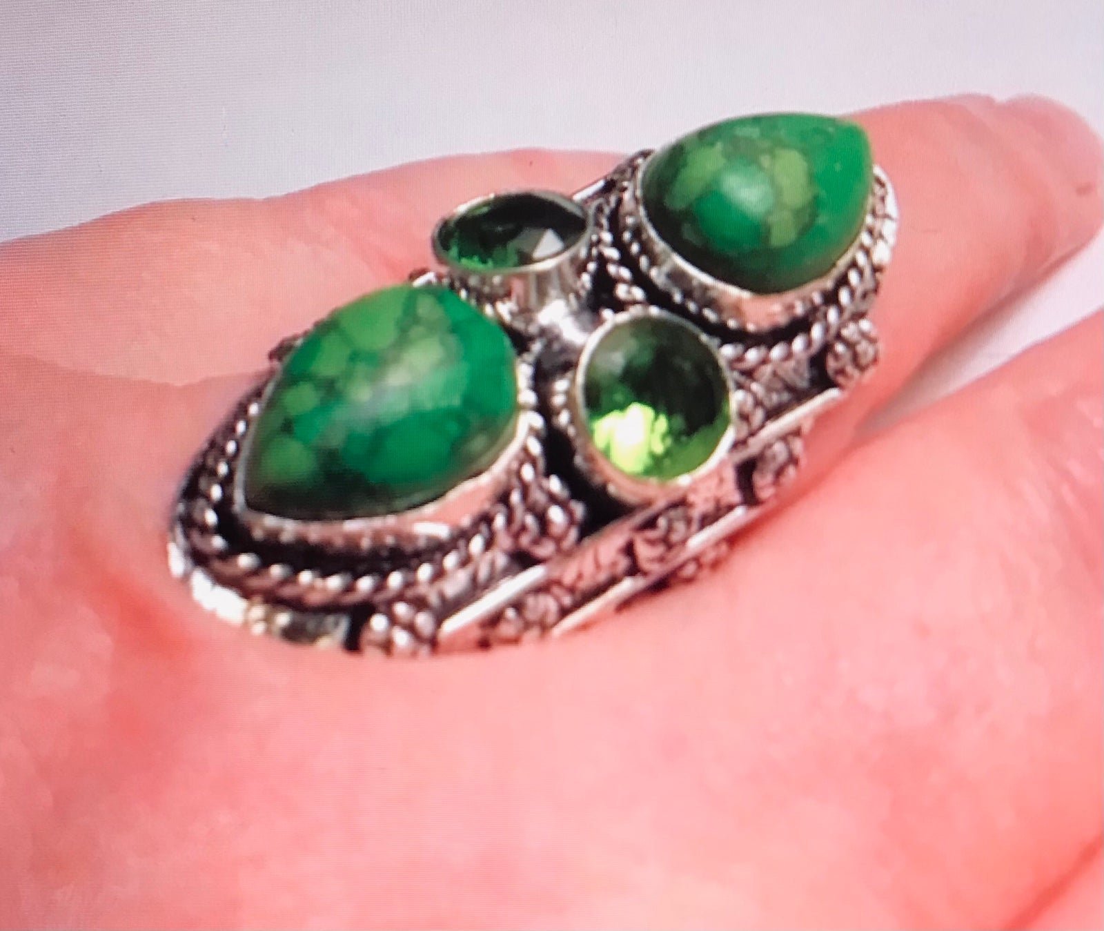 925 Sterling Silver Green Turquoise Peridot Ring