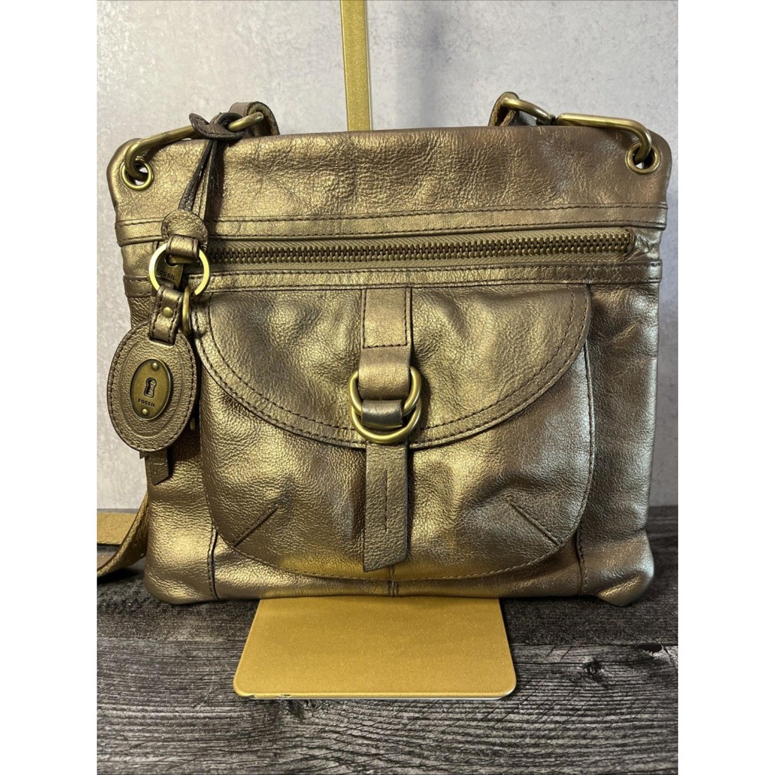 Fossil Muted Gold Taupe Metallic Leather Small Crossbody Bag Purse Brass Buckle