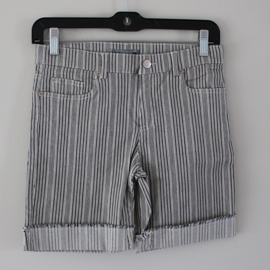 NWT Bonpoint Boys Lars Cotton Denim Shorts Vertical Stripe Raw Edge Cuff 12