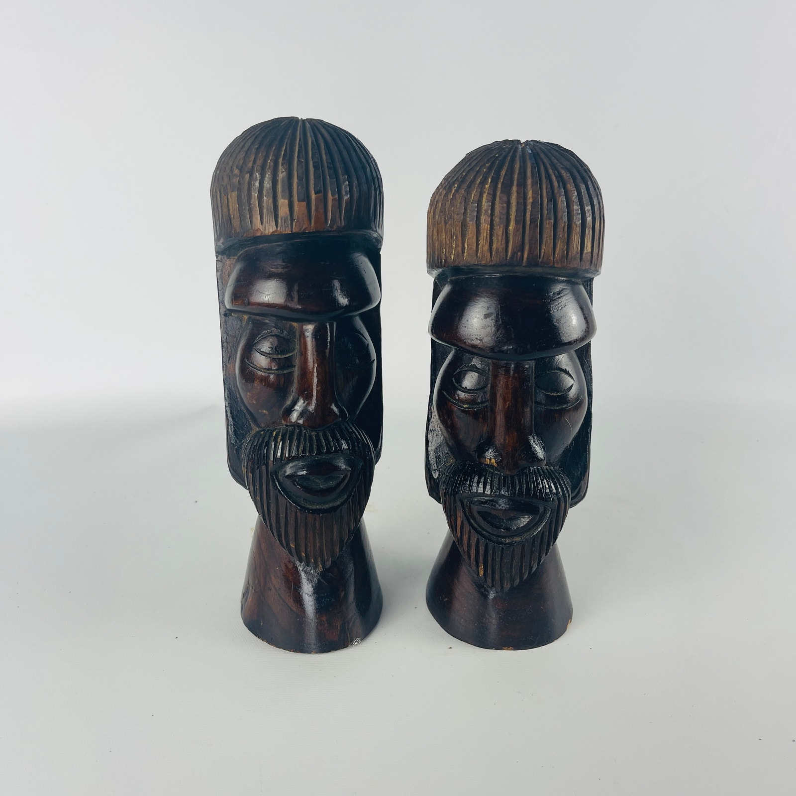 Hand Carved Wood Totem Pole TIKI Statue Figures Jamaica; Set of 2