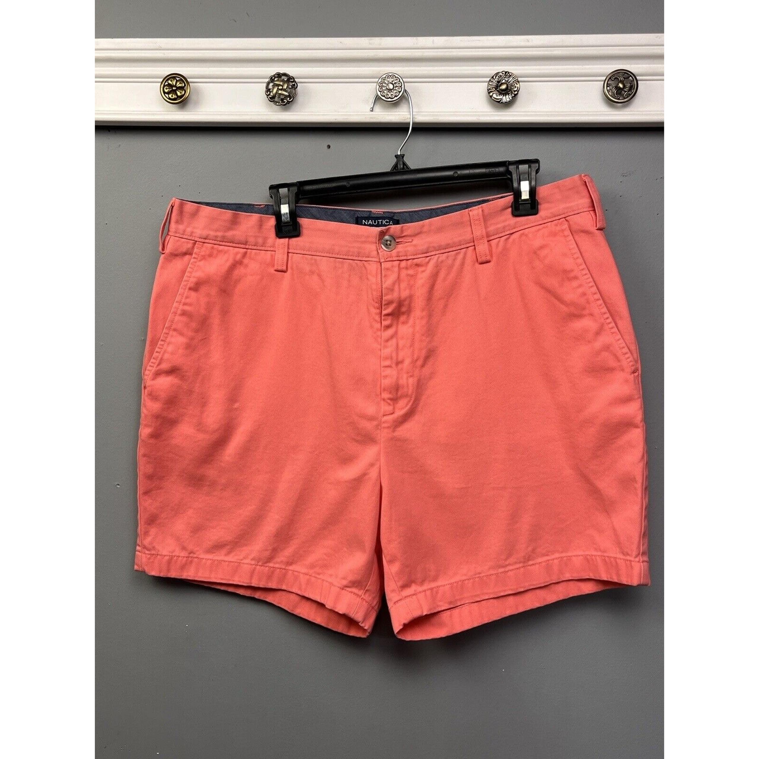 Nautica Shorts Twill Mens size 36 Flat-Front Casual Pink Coral Pockets Preppy