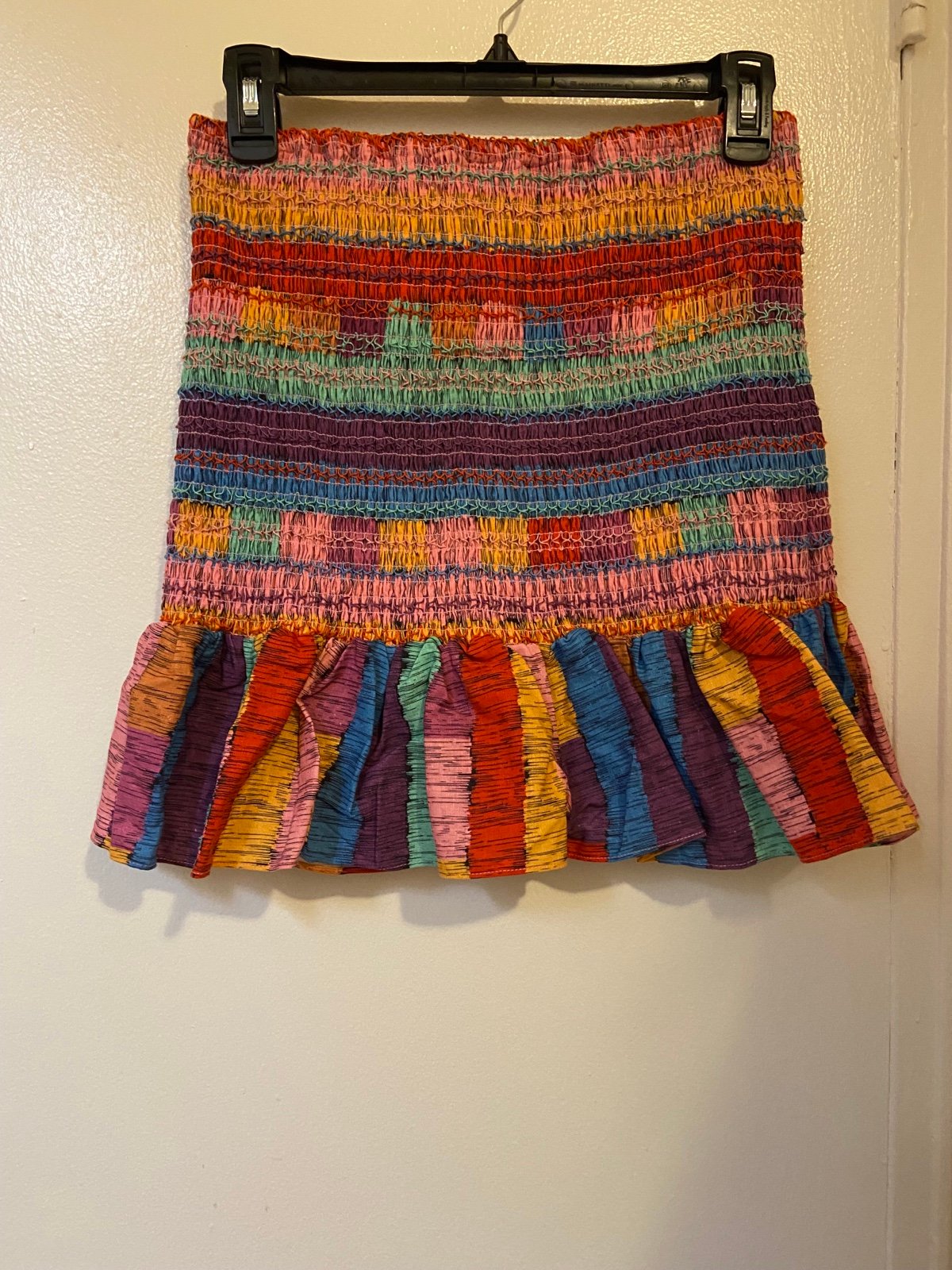 NWT Farm Rio multi Stripes Embroidered smock ruffles bottom mini skirt size XS