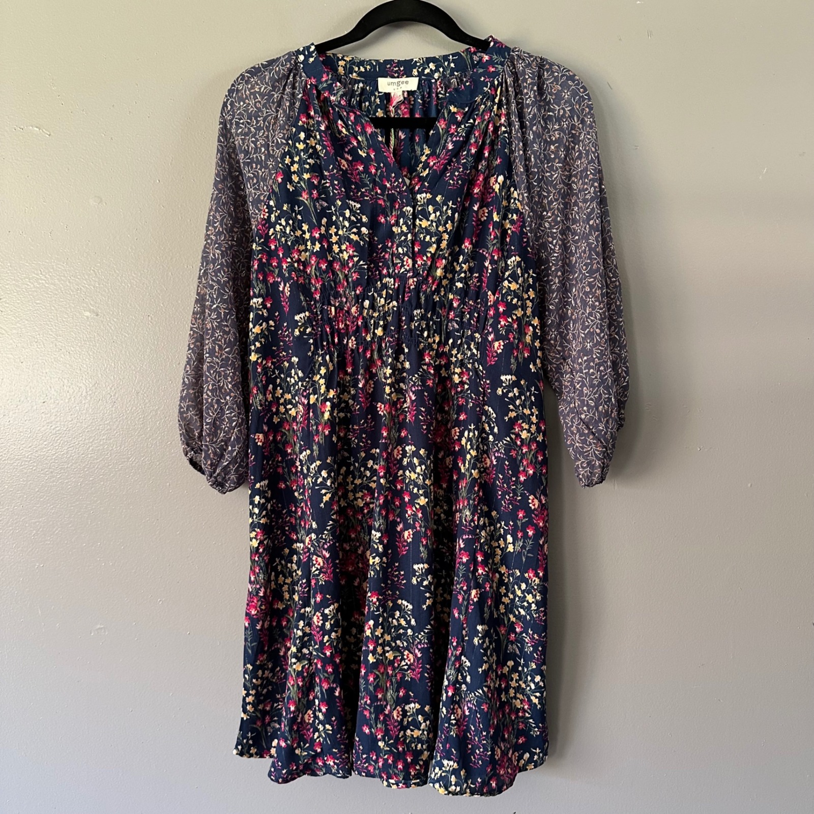 Umgee Sheer Sleeve Navy Blue + Floral Short Dress