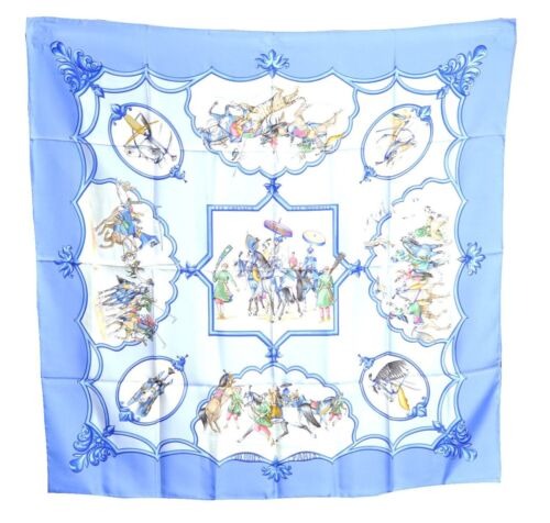 Authentic HERMES Carre 90 Scarf LES CHEVAUX DES MOGHOLS Silk Light Blue