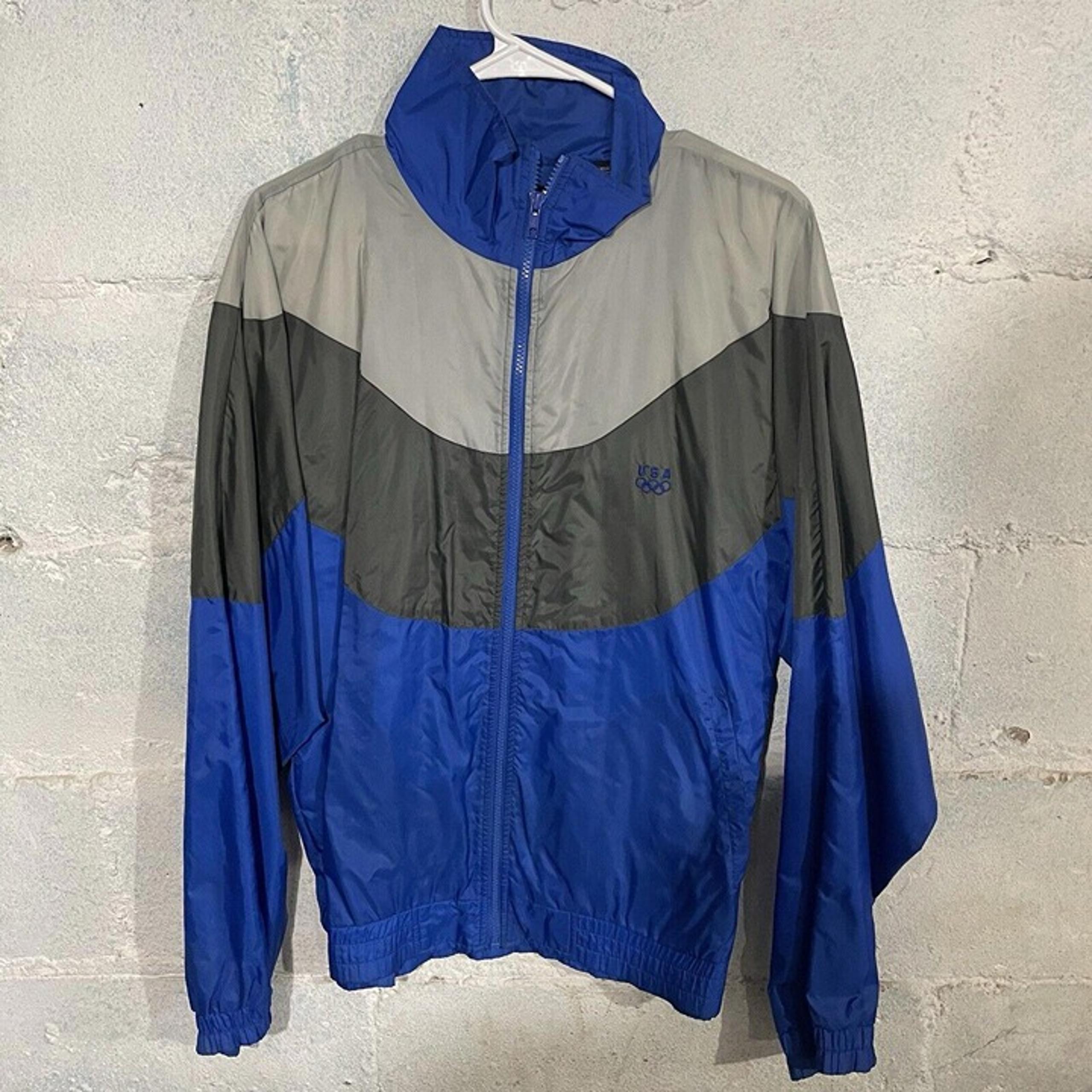 JCP Vintage Olympic Windbreaker In Black With Blue And Gray Details Size Medium