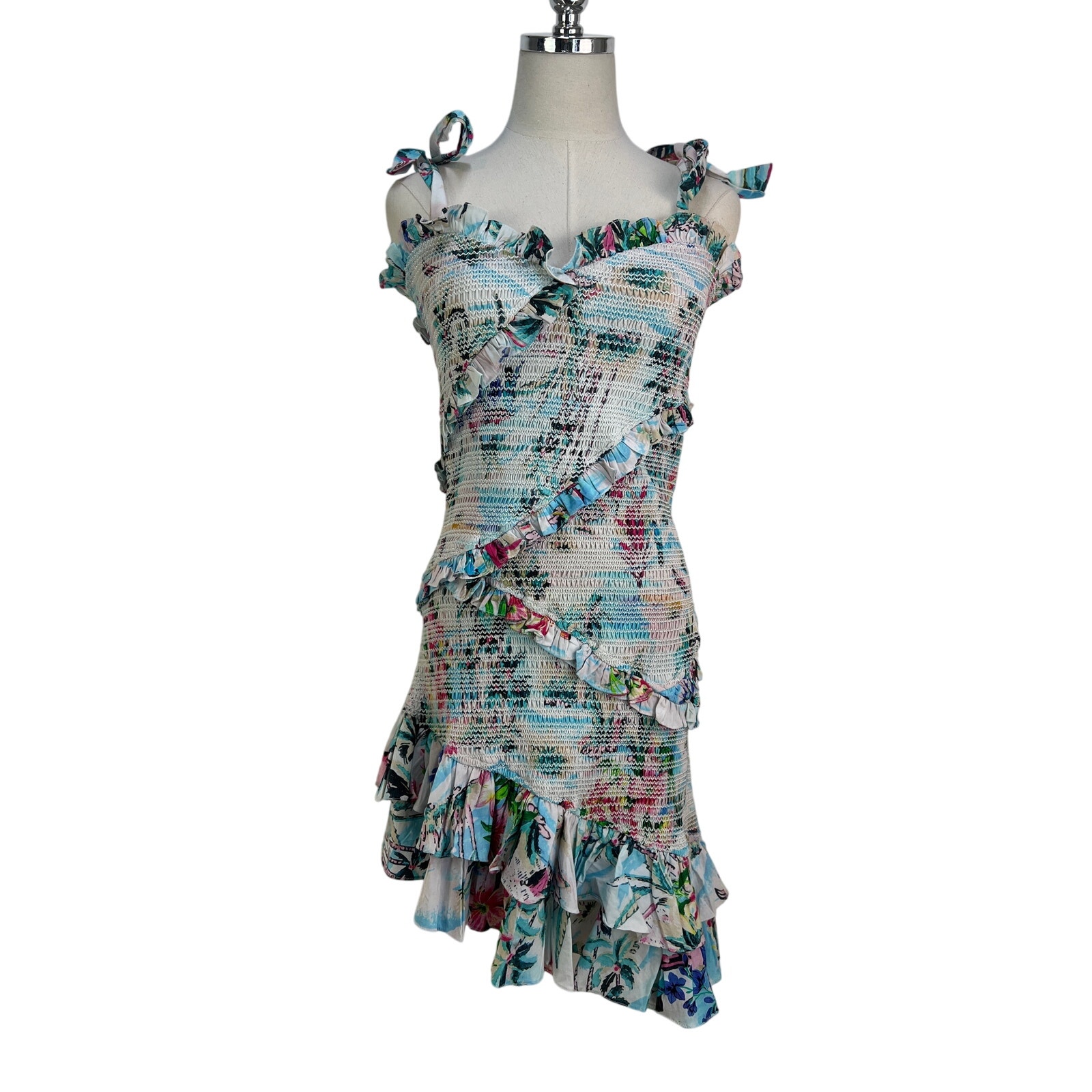 Rococo Sand Sunset Smocked Mini Dress Printed Bodycon White Blue
