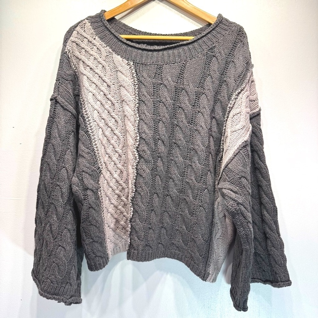 POL Gray Color Block Thick Cable Knit Slouchy Sweater Women’s Size Medium NEW