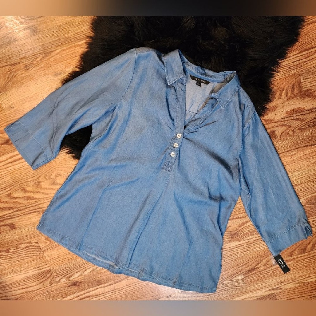 Zac & Rachel Blue Chambray V-Neck Henley Tunic Top Womens XL
