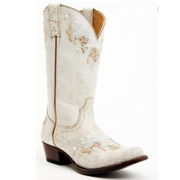 NWT Shyanne Byrdie Crack Embroidered Western Boot Ivory Womens Size 8 B