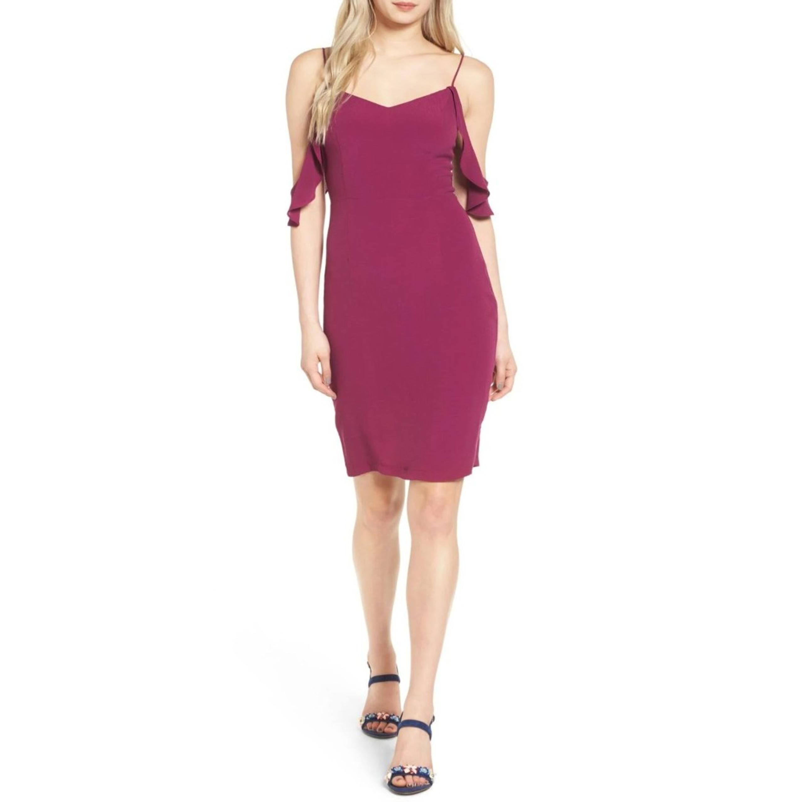 ASTR The Label Off Shoulder Drape Cami Sheath Dress Purple Womens Size M Wedding