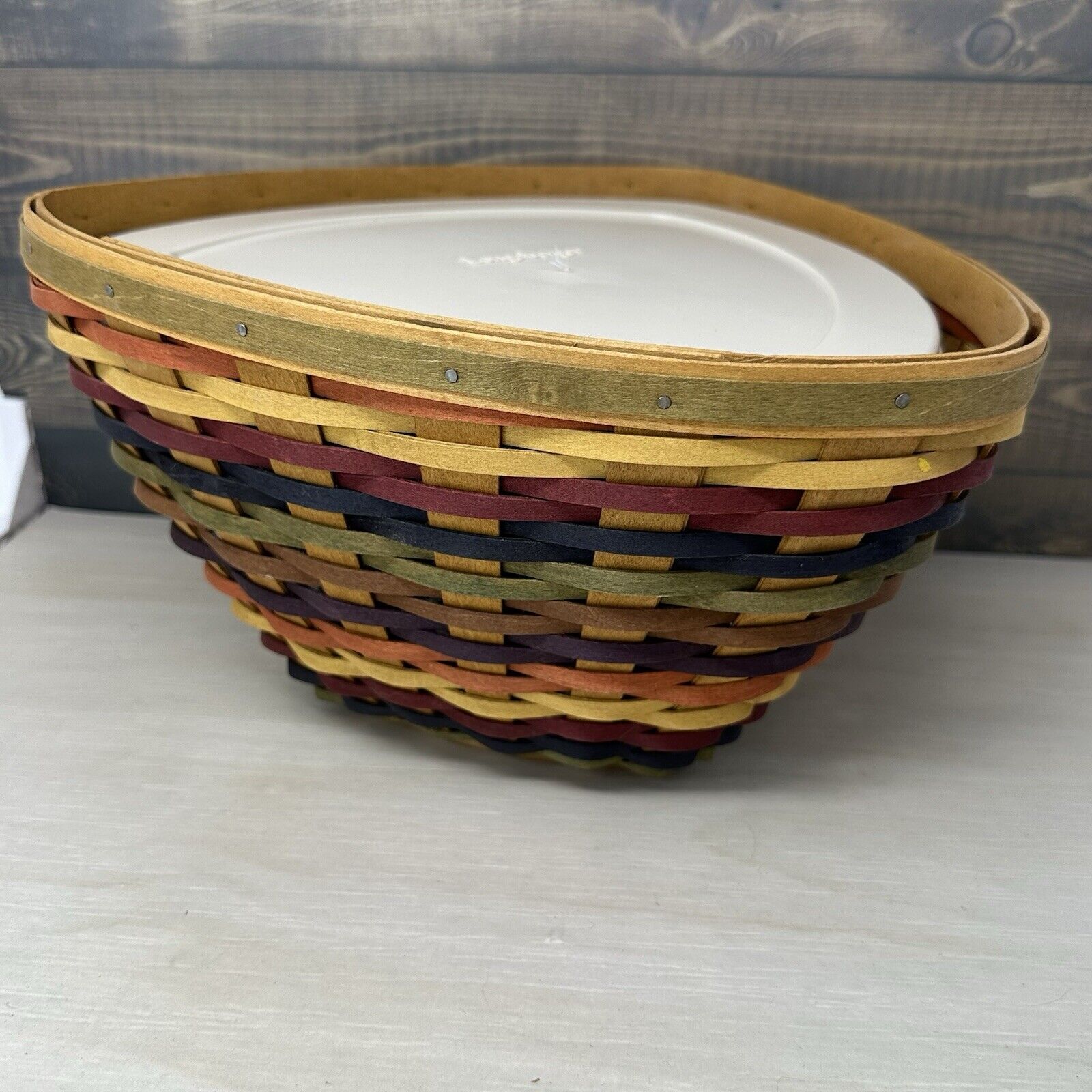 Signed Longaberger 2008 Large Fiesta Triangle Basket Hard Plastic Protector Lid