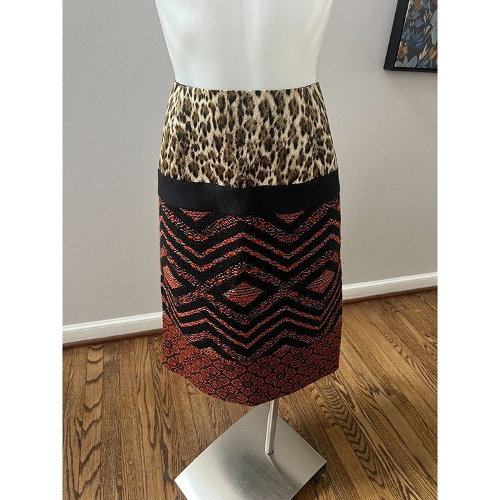 Giambattista Valli Mixed Print Leopard Tweed Wool Silk Pencil Skirt Size Medium