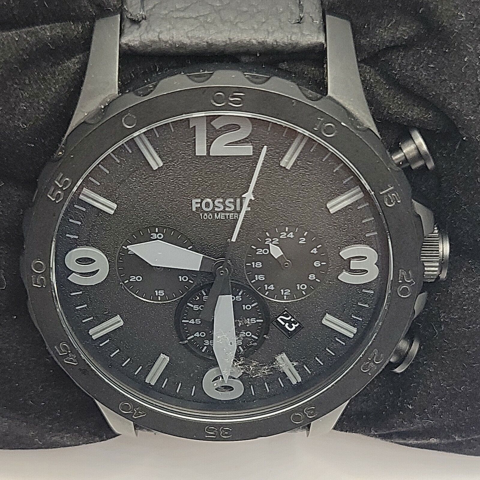 FOSSIL Nate JR1401 Mens Black Leather Analog Black Dial Quartz Wrist Watch BC400