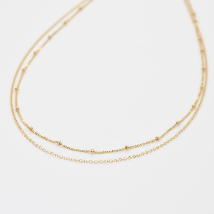 14K Gold Double Chain Necklace - 14K Gold Satellite and Cable Chain
