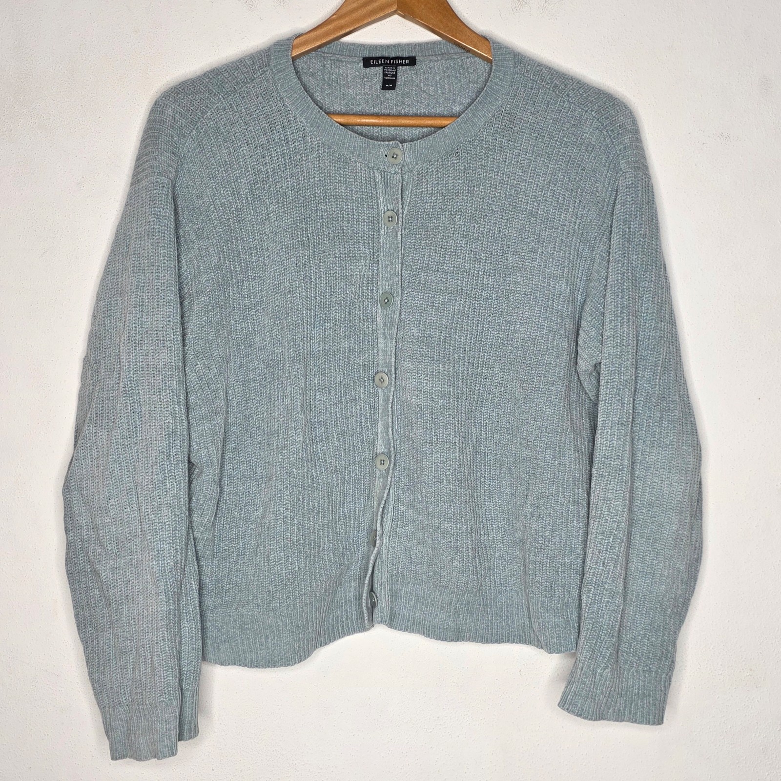 Eileen Fisher Frost Organic Cotton Chenille Crew Neck Button Up Cardigan Medium