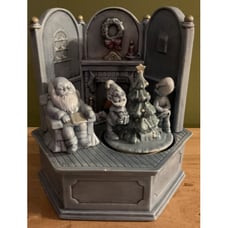 Santa By The Fire Place Musical Box, Cat & Elves By Tree, Plays Here Come Santa