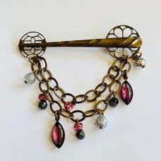 VTG Marjorie Baer SF Pin Brooch Signed Regal Crystal Pearl Mod Bronze Chunky Big