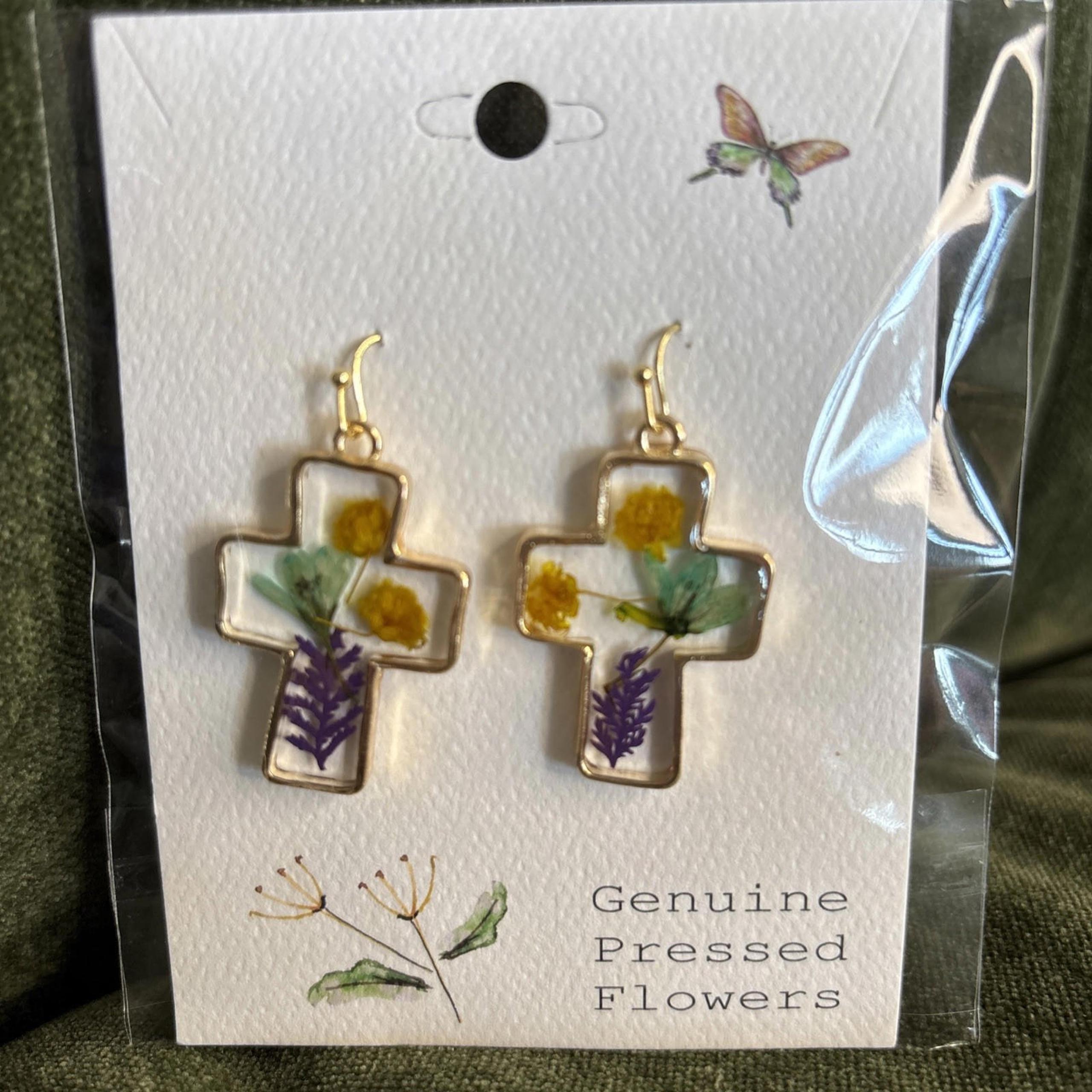Gold Cross Dried Flower Earrings