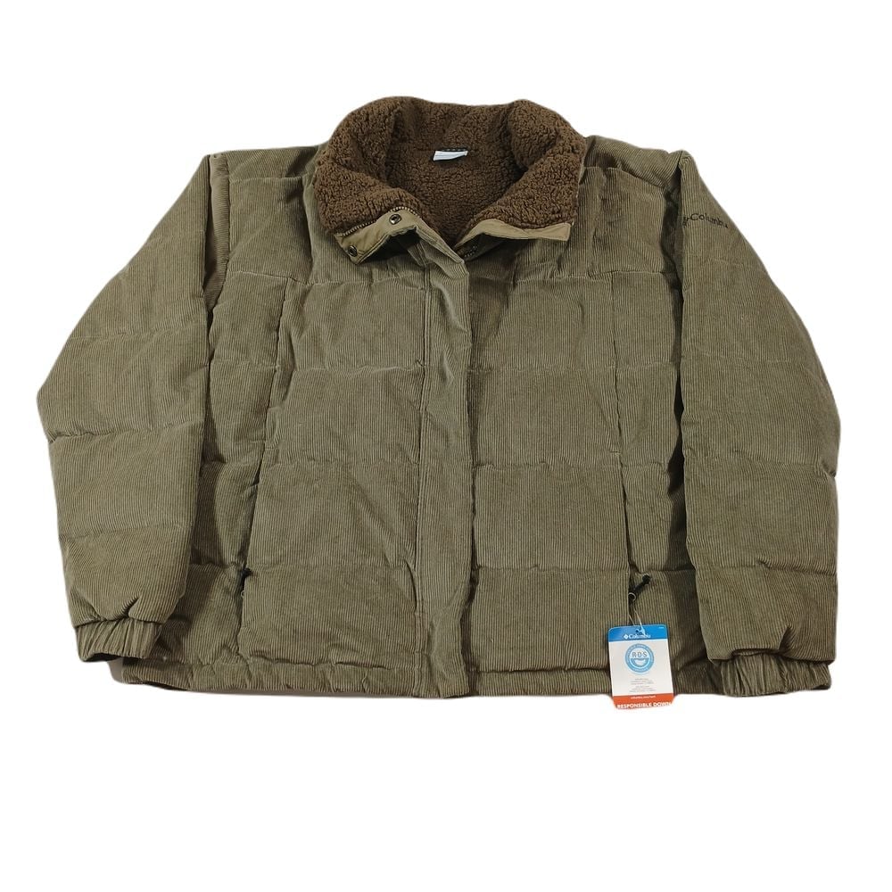 Columbia Down Sherpa Puffer Jacket Womens 2XL Stone Green Corduroy Ruby 240