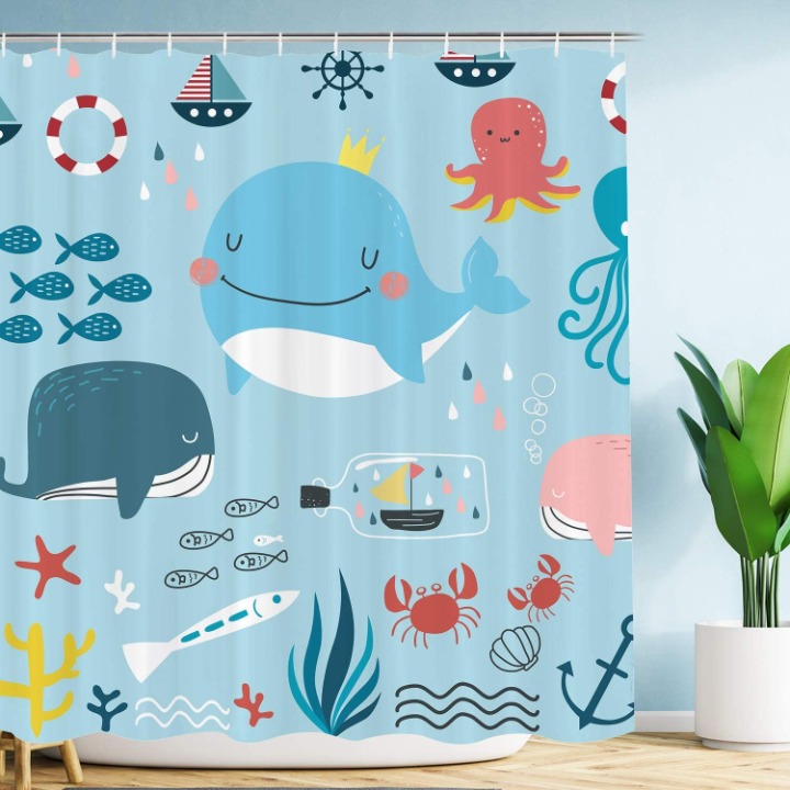Cute Whale Kids Shower Curtain Set with Hooks 72 x72