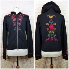 Johnny Was Hoodie Womens M Black Embroidered Full Zip Joy Love Light Floral Boho