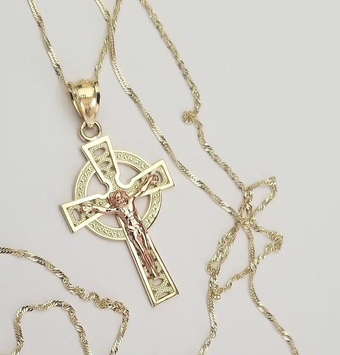 14k Two Tone Solid Gold Small Jesus Christ Crucifix Cross Charm Pendant