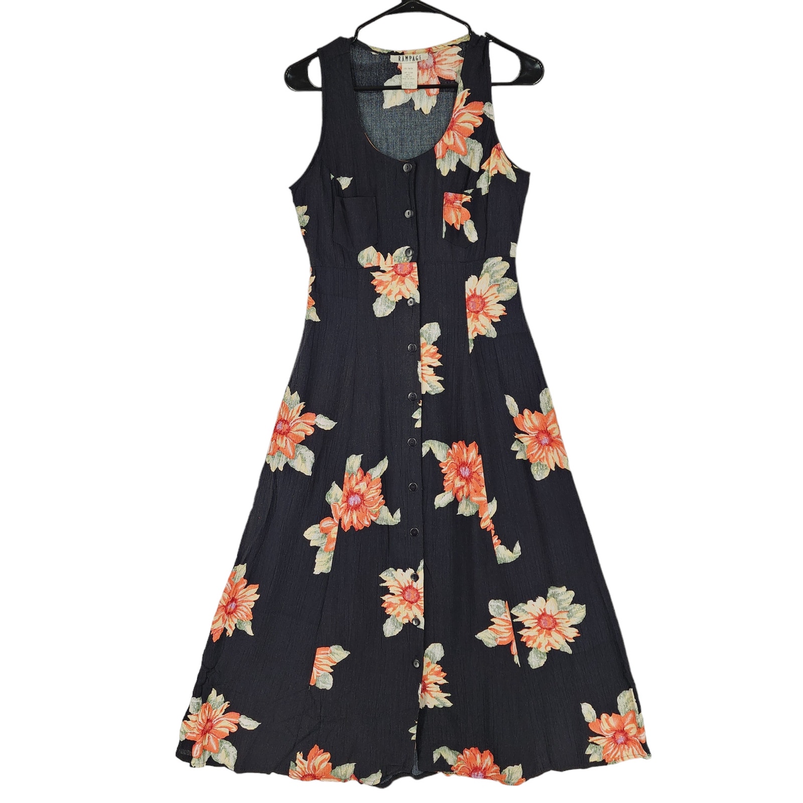 Vtg 90s Rampage Floral Midi Dress sz 5 Jr Women Black Orange Button Up Boho Y2K