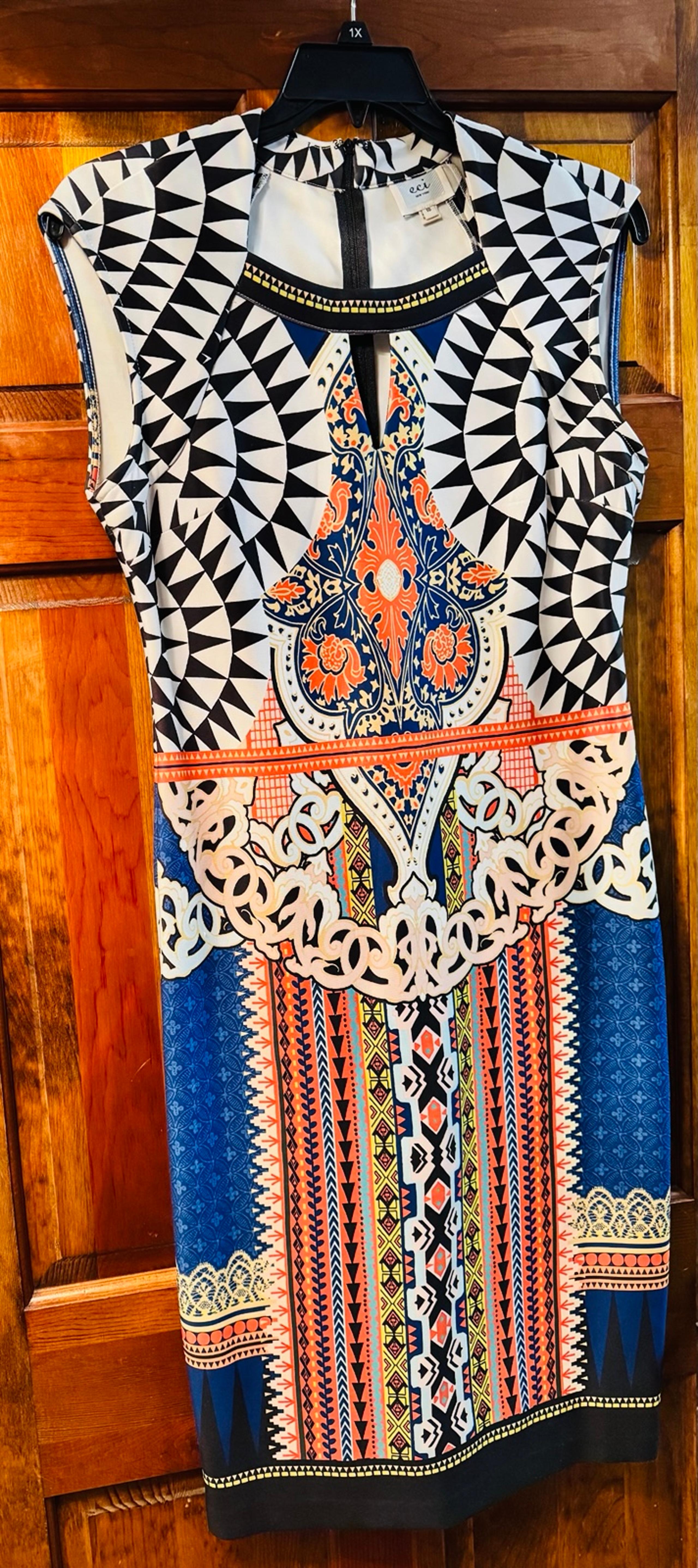 BEIGE by ECI Size 10 Dress Multicolor Short Cap Sleeve Stretch Geometric