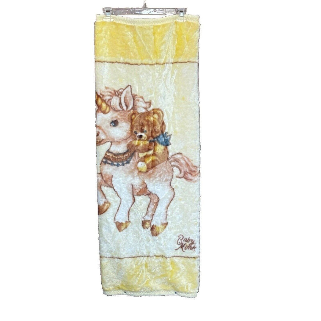RARE Vintage Baby Mink Blanket Unicorn Bear Sleep Sack Soft Plush Yellow